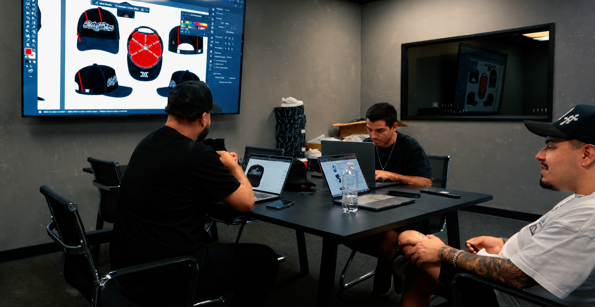 Operators reviewing hat-design comps in the conference room